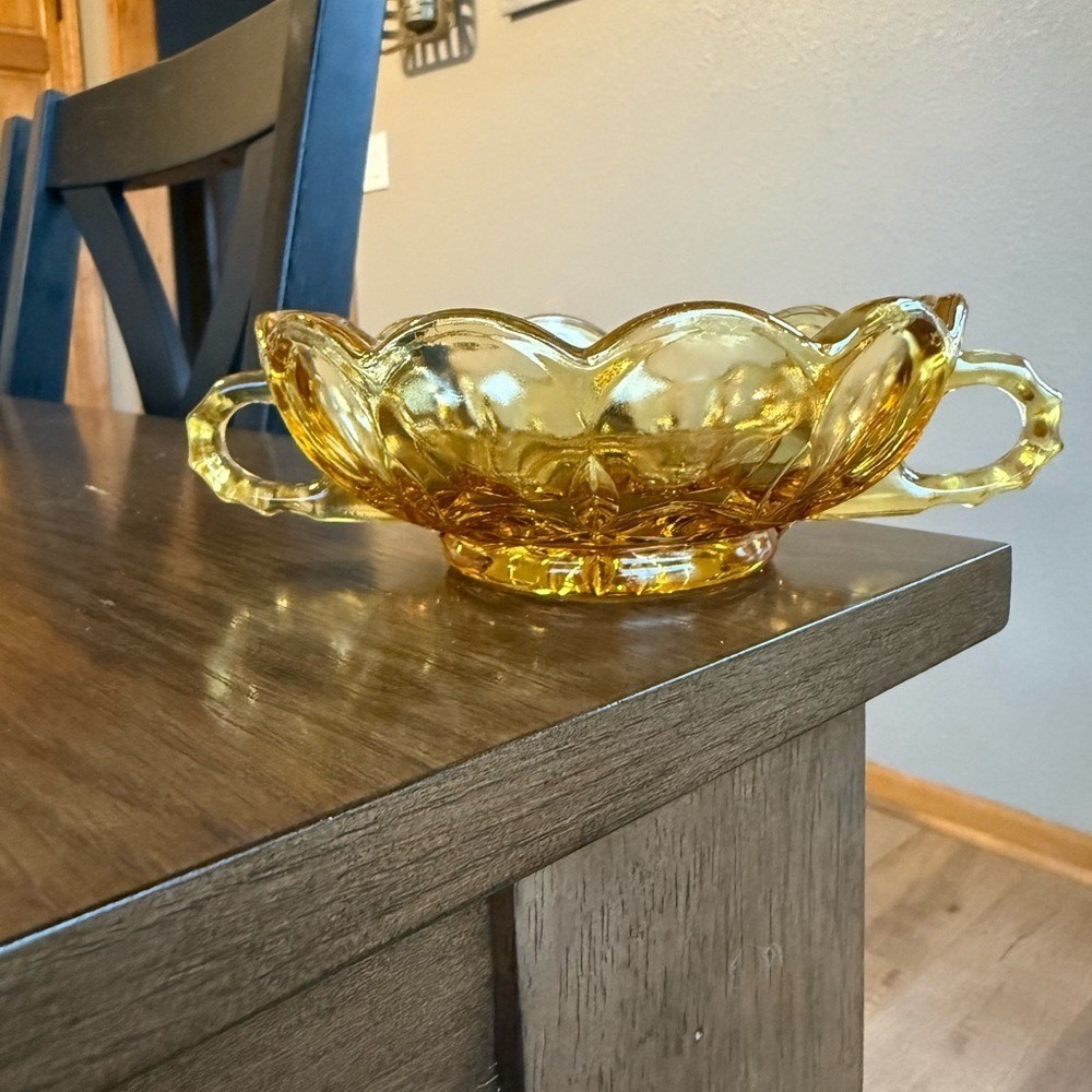 Vintage Anchor Hocking Fairfield Amber Glass Nappy Bowl 2 Handle Candy Dish 70s